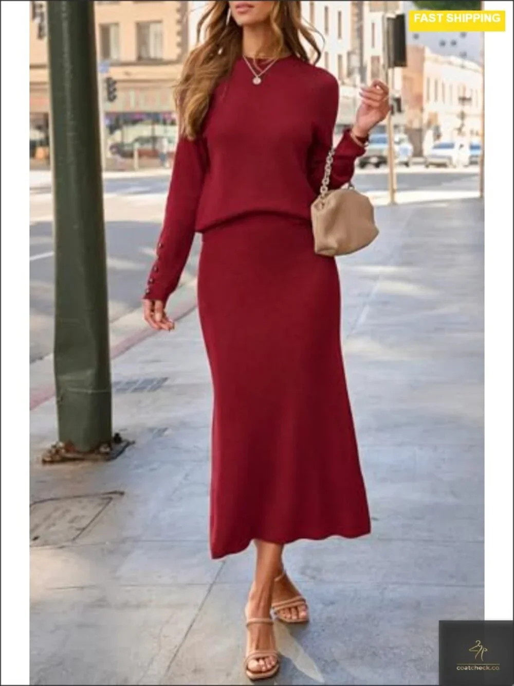 Wool Blend 2 Piece Set Sweater Top Midi Skirt Business Lounge Outfit